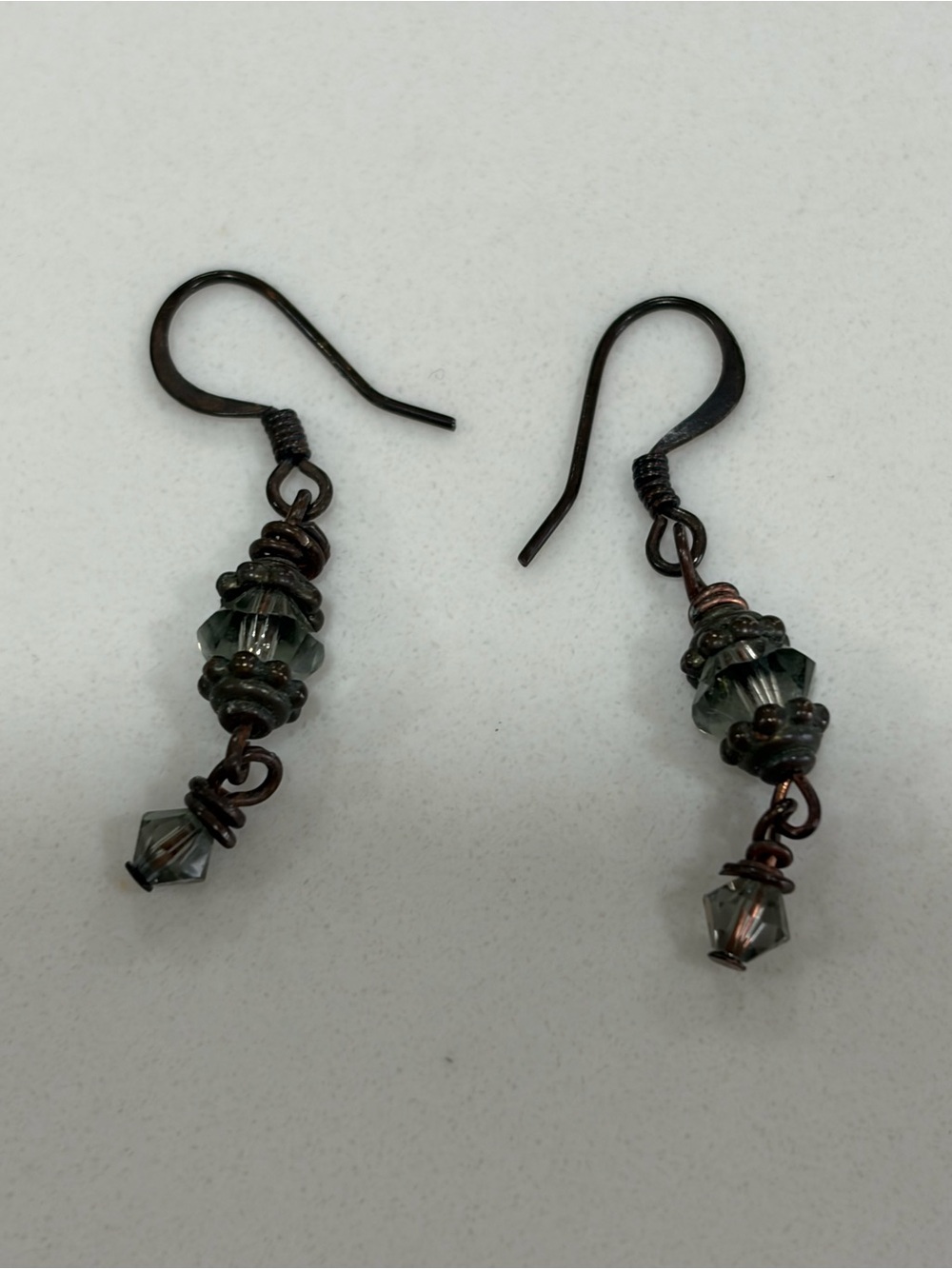 Handcrafted Green Crystal and Antique Copper Drop Earrings